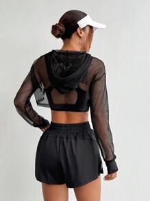 SHEIN Sports 實心修身款短削文胸，網眼束口帽外套，短褲瑜伽休閒運動套裝，女式網球服裝 - 彩色 - 查看 5