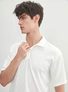 Manfinity RebelGame Men's Knitted Jacquard Solid Color Slim Short Sleeve Polo Shirt, Suitable For Summer Daily Wear - White - View 5