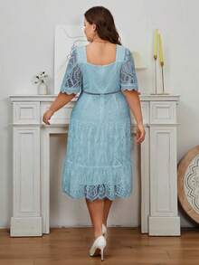 Vestido escote corazón bajo con fruncido con encaje - Celeste - Ver 2