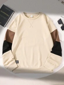 SHEIN 適合春季、夏季、秋季、冬季的青少年男裝休閒拼接長袖汗衫，帶修補袖子，適合在家或上大學穿著