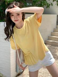 DAZY Women's Summer Solid Color Round Neck Short Sleeve Casual Fit Casual T-Shirt With Ruffled Hem Preppy Tops - Yellow - View 6