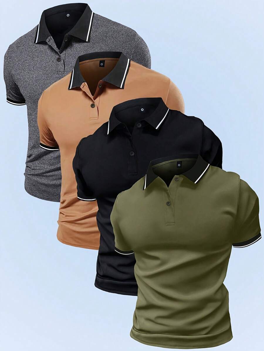 4 piezas Camisas polo coloridas para hombres, camisetas de manga corta con cuello, camisas finas Paul, unicolor, versátil, vintage, sencillo, de moda, para vacaciones, exteriores, camisa de media manga - Multicolor - Ver 1