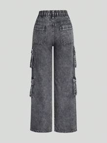 SHEIN WESTFADE Young Tween Girl Fashionable Casual Multi-Pocket Denim Straight-Leg Jeans With Washed Denim, New Arrival