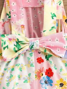 SHEIN Baby Girl Cute Floral Patchwork Jumpsuit With Detachable Bowknot For Summer - Multicolor - View 7