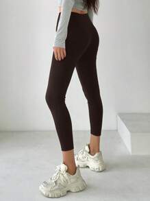 DAZY Ladies' Solid Color Simple Everyday Leggings,Back To School Clothes Tights - Coffee Brown - View 2