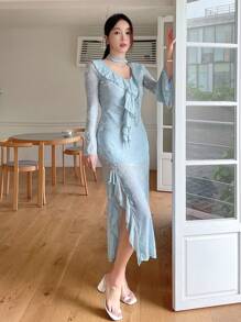 DAZY 女式植绒提花V领长袖连衣裙，秋季，纯色，性感开衩连衣裙，荷叶边 - 藍色 - 查看 8