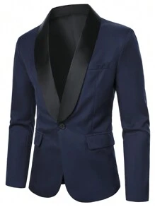 Manfinity Mode 男士撞色蓝色披肩领商务西装套装，海军蓝男士西装，老钱风格 - 藏蓝色 - 查看 5