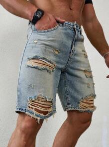 Manfinity LEGND Men's Ripped Casual Denim Shorts With Pockets Low Rise Baggy Jorts Plain Light Blue Going Out Street Wear Friends
