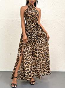 Firerie Vestido elegante de cuello halter con estampado de leopardo y abertura en A para mujer, ideal para vacaciones de verano - Caqui - Ver 5