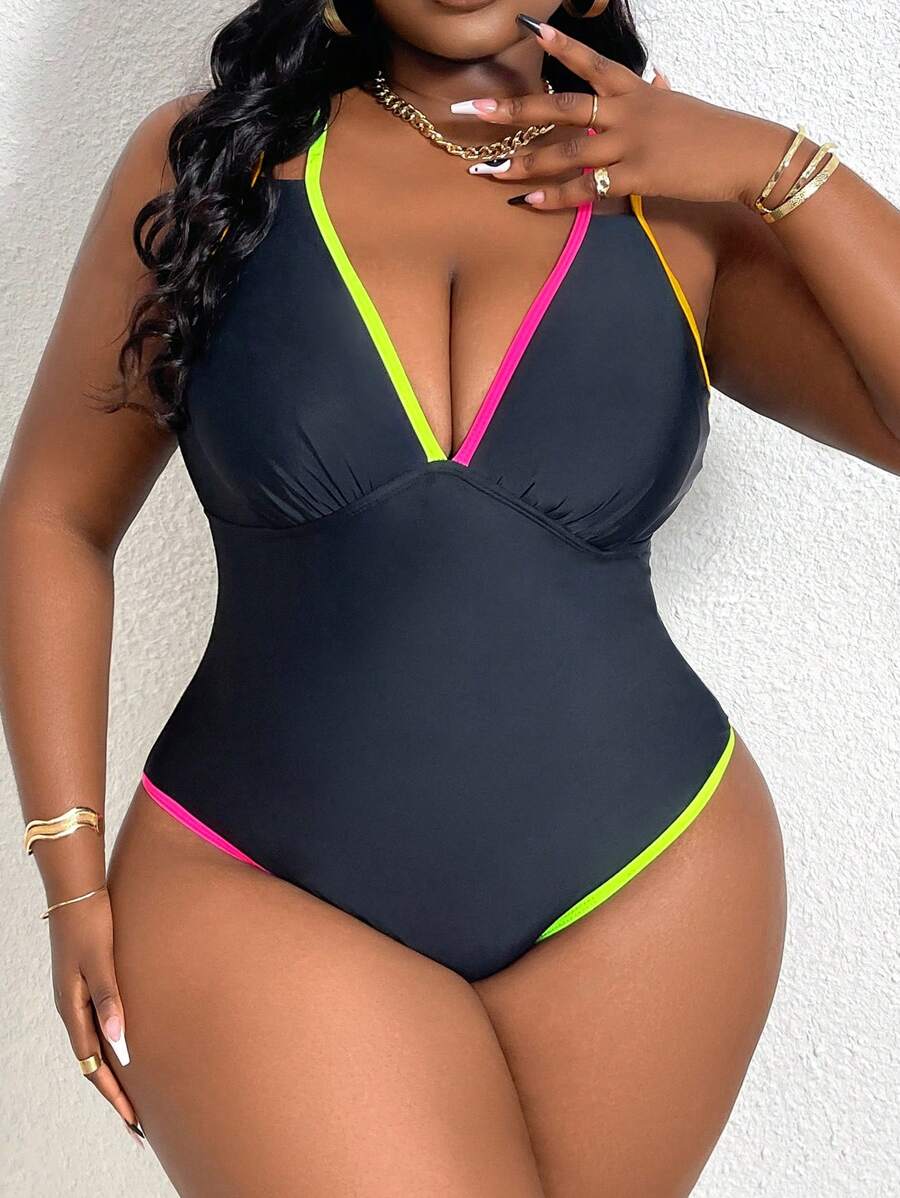 Maillot de bain une pièce grande taille avec blocs de couleurs et bordure avec sangles, idéal pour les vacances et sexy - Noir - Voir 1