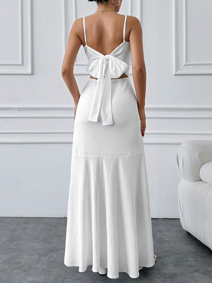 SHEIN Cottnline Contrast Lace High Low Hem Tie Back Cami Maxi Length Dress - White - View 1