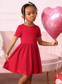 SHEIN Robe courte en tricot unie à manches courtes et dos évidé pour fille jeune, parfait pour un usage décontracté quotidien