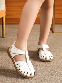 女童白色夏季尖頭涼鞋，扁平幼兒涼鞋