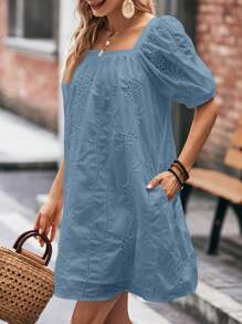 SHEIN LUNE Đầm tay phồng cổ vuông in màu đơn giản thời trang cho nữ - Màu xanh lam - Xem 4