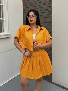 POPSWAY Women's Plus Size Fashion Solid Color Short Sleeve Top And Skirt Set - Yellow - View 6