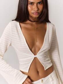 MUSERA Pink Lace Plunge Crop Top Vacation Spring Summer - Apricot - View 3