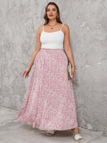 SHEIN Clasi Summer Plus Size Pink Intensive Printed Skirt With Flowy Hem, Cool And Comfortable - Multicolor - View 4