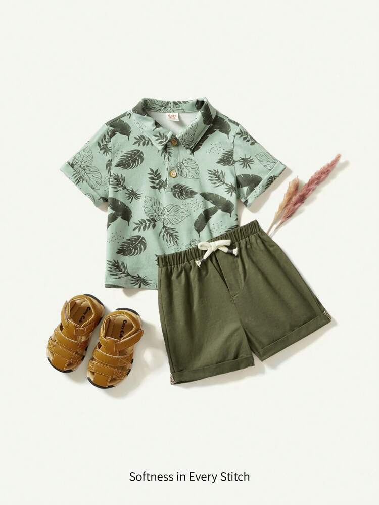 Baby Boy Knitted Soft Floral Print Polo Short Sleeve Cardigan And Solid Shorts 2pcs Outfit