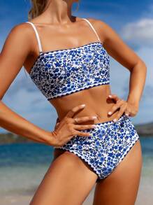 Swim Vcay Detachable Strap Bandeau Bikini Set For Women, Summer Beach Sexy Bathing Suit - Blue and White - View 1