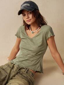 Bohemela Women's Summer Vacation Solid Color Slouchy Short Sleeve V-Neck T-Shirt