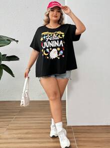 SHEIN CURVE+ Áo thun in chữ hoạt hình vui nhộn cỡ lớn mùa hè - màu đen - Xem 6