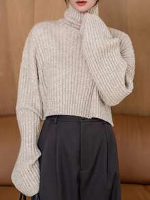 DAZY 女式高領落肩毛衣 - 杏色 - 查看 1