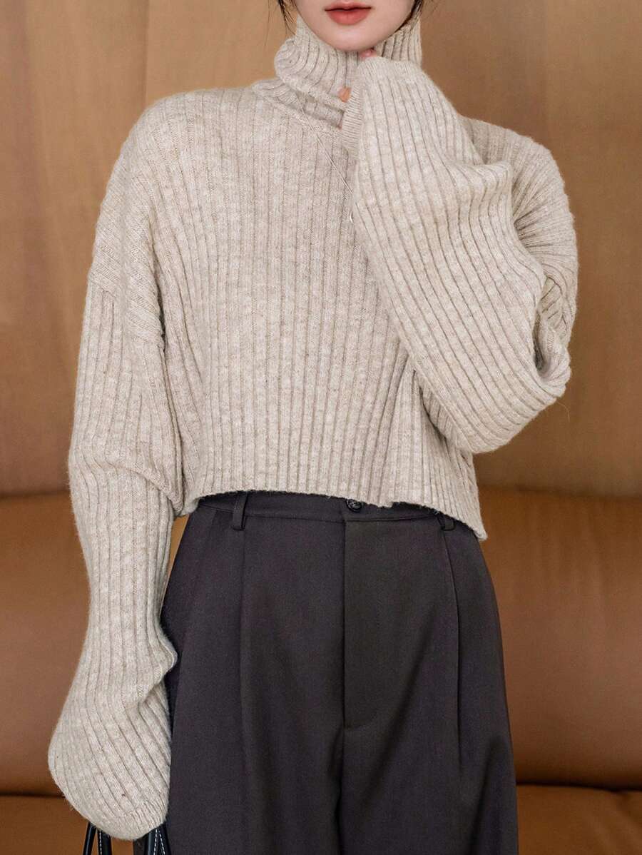 DAZY 女式高領落肩毛衣 - 杏色 - 查看 1