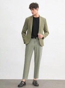 AKNOTIC Business Casual 簡易護理男士老錢款式商務休閒純色編織修身西裝外套，適用於春秋，辦公室穿著 - 軍綠色 - 查看 3