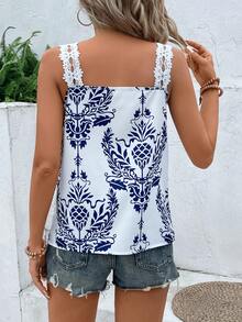 Breezaya 女士度假植物印花蕾絲拼接背心上衣 - 藍白色 - 查看 2