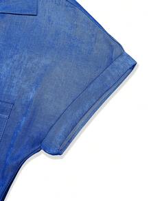 Solid Color Button-Front Casual Short Sleeve Shirt With Pocket - Blue - View 7