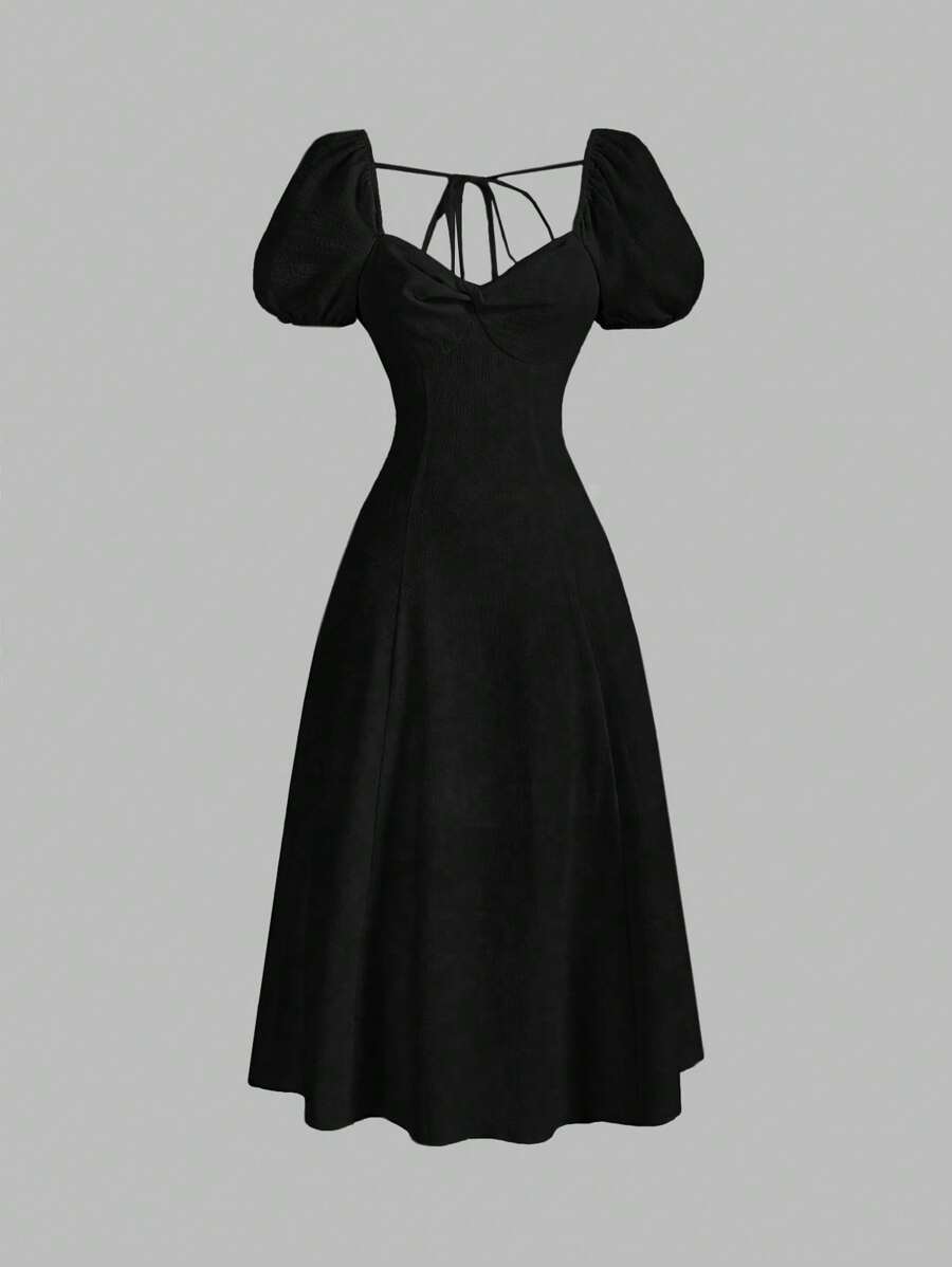 SHEIN MOD 女士优雅纯色泡泡袖扭结心形领腰部收腰连衣裙，夏季 - 黑色 - 查看 1