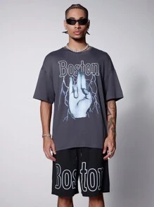 PAVTROS 男士夏季手勢字母印花圓領短袖T恤和束腰短褲套裝 - 灰色 - 查看 1