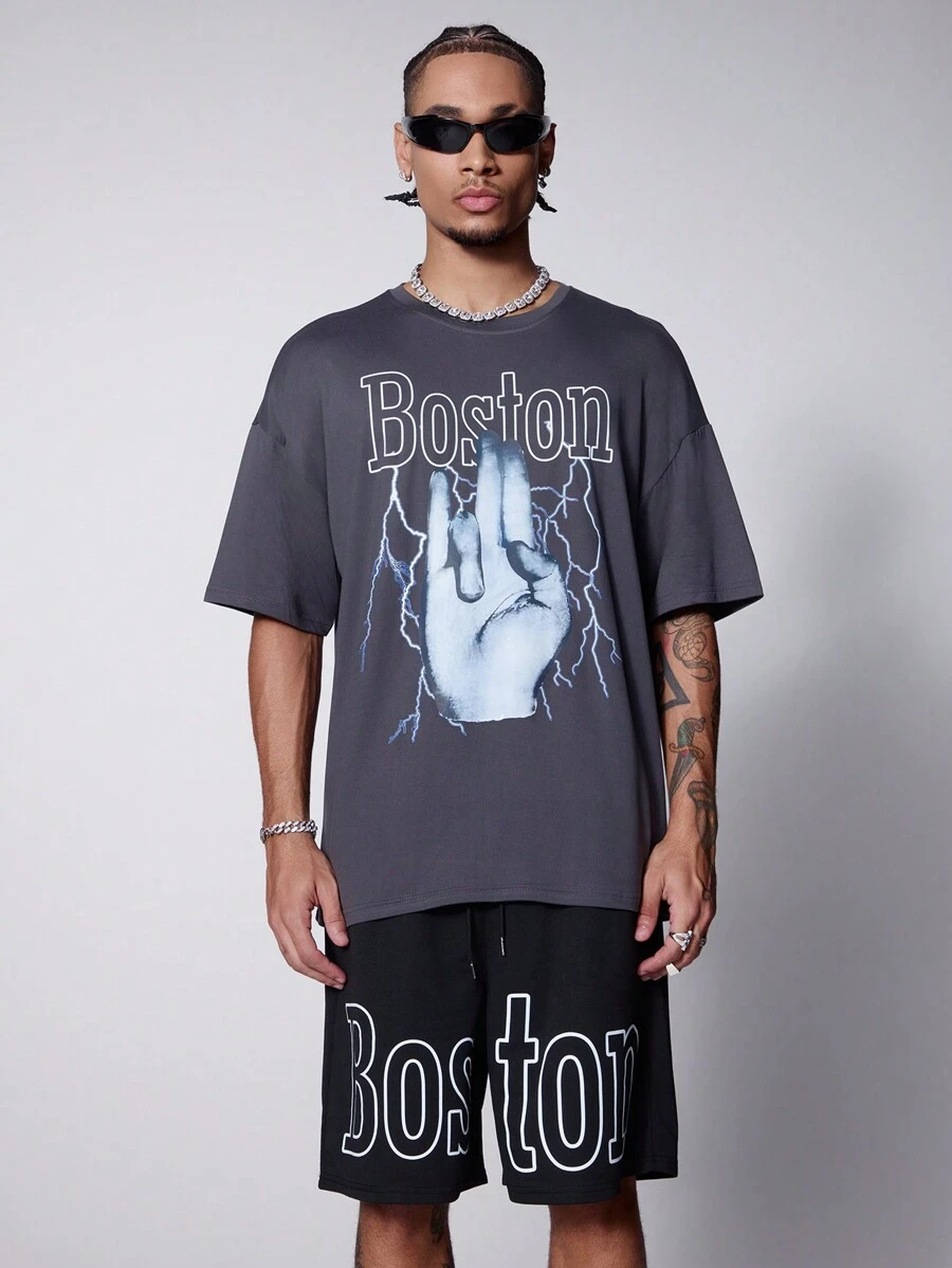 PAVTROS 男士夏季手勢字母印花圓領短袖T恤和束腰短褲套裝 - 灰色 - 查看 1