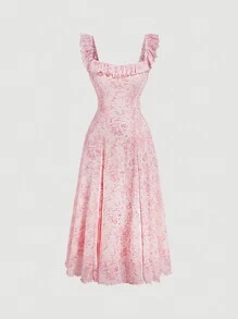 SHEIN MOD Robe imprimée fleurie grande taille en maille avec encolure carrée, ourlet à volants et taille cintrée