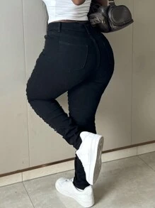 Simple Basic Slim-Fit Distressed Black Ripped Skinny Jeans Casual Spring - Black - View 2