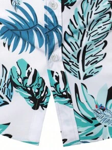 Camisa de manga corta hawaiana impresa con plantas tropicales de moda para hombres, para el verano - Blanco - Ver 7