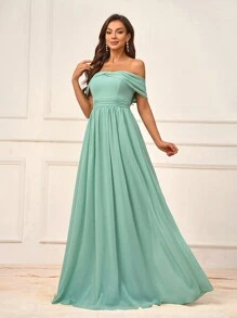 SHEIN Belle 優雅草綠色雪紡質地露肩連衣裙，前疊褶領口，後蝴蝶結，適合婚禮季、婚禮活動、正式伴娘禮服 - 綠色 - 查看 5