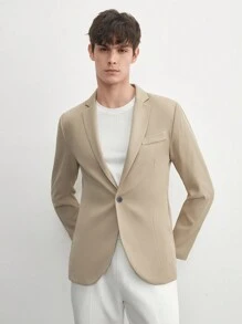 AKNOTIC Business Casual 易護理男士老錢風格商務休閒紡織修身西裝外套，適用於春秋季節、正式場合 - 卡其色 - 查看 7