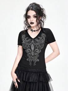 ROMWE Goth Camiseta ajustada de mujer con temática gótica de vampiro, adornada con pedrería multicolor