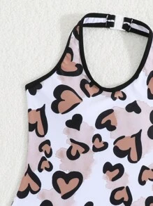 SHEIN Tween Girl Beach Heart Print Halterneck One Piece Swimsuit With Cover-Up Shorts And Top 2pcs Set, Summer