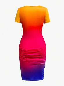 SHEIN Unity Women's Fashionable Gradient Color Short Sleeve Hollow Out Chest Side Slit Dress - Multicolor - View 2