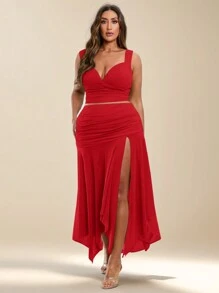 SHEIN BAE Plus Size Women's Summer Vacation Solid Color Green Asymmetrical Hem Slit Skirt - Red - View 1