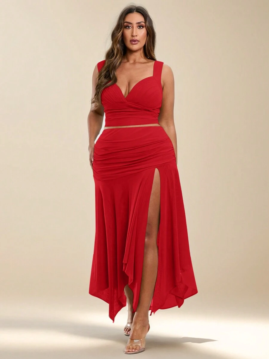 SHEIN BAE Plus Size Women's Summer Vacation Solid Color Green Asymmetrical Hem Slit Skirt - Red - View 1