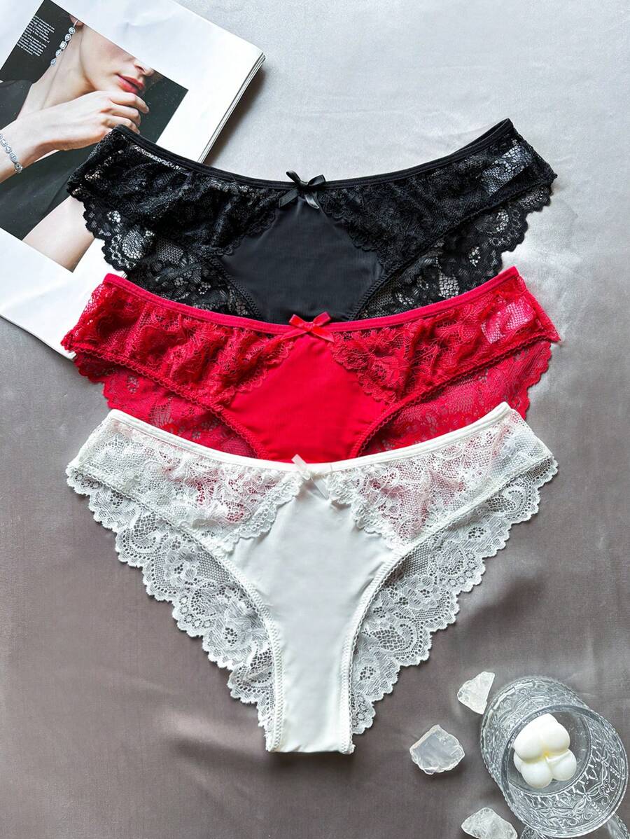 3pcs Ladies' Solid Color Lace Low-Waist Underwear With Bowknot Decoration Lingerie Bow Tie