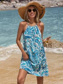 SHEIN VCAY Women's Vacation Woven Printed Dress - Blue and White - View 3