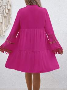 Breezaya Plus Size Holiday Leisure Lace & Woven Belt Splicing Notched Neck Fringed Dress - Hot Pink - View 2