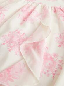 SHEIN MOD Romantic Red Ditsy Floral Ruched Bust Mid-Length Dress With Tie Front And Spaghetti Straps For Dating - Watermelon Pink - View 4