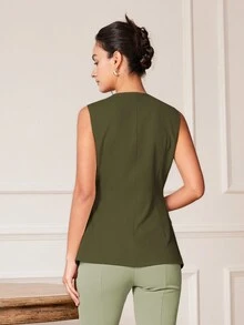 Top sin mangas ajustado y elegante con estilo de "Old Money" para mujer, top corto de negocios casuales para primavera/verano - Verde Oscuro - Ver 3