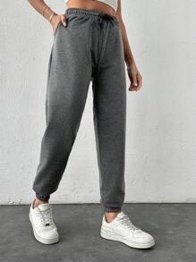 Cloudara Solid Color Drawstring Waist Jogger Pants - Dark Grey - View 5