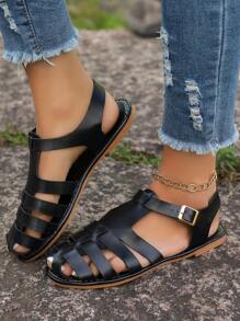 Sandalias planas romanas para mujer, pantuflas transpirables y de moda, atuendos de playa, atuendos de verano - Negro - Ver 7
